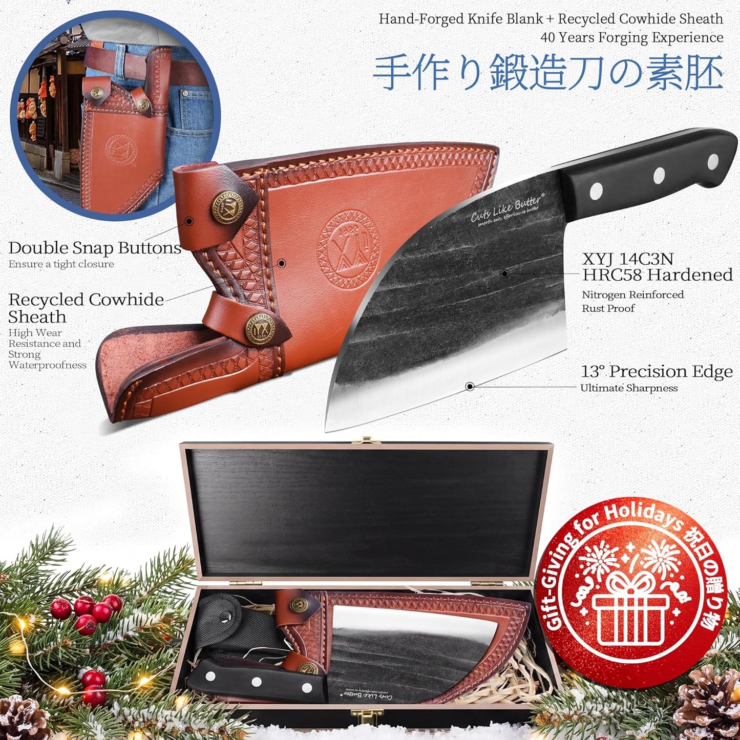 6 Inch Japanese Chef Knife with Leather Sheath, Wooden Gift Box, Full Tang High Carbon Steel Meat Cleaver Butcher Knife for Kitchen Outdoor, Gifts for Women Men Christmas Birthday