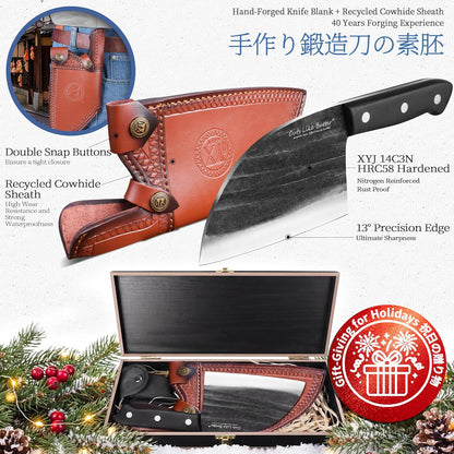 6 Inch Japanese Chef Knife with Leather Sheath, Wooden Gift Box, Full Tang High Carbon Steel Meat Cleaver Butcher Knife for Kitchen Outdoor, Gifts for Women Men Christmas Birthday
