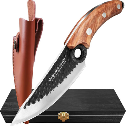 6 Inch Japanese Chef Knife with Leather Sheath, Wooden Gift Box, Full Tang High Carbon Steel Meat Cleaver Butcher Knife for Kitchen Outdoor, Gifts for Women Men Christmas Birthday
