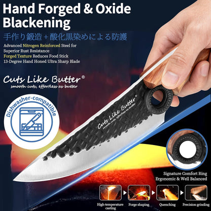 6 Inch Japanese Chef Knife with Leather Sheath, Wooden Gift Box, Full Tang High Carbon Steel Meat Cleaver Butcher Knife for Kitchen Outdoor, Gifts for Women Men Christmas Birthday