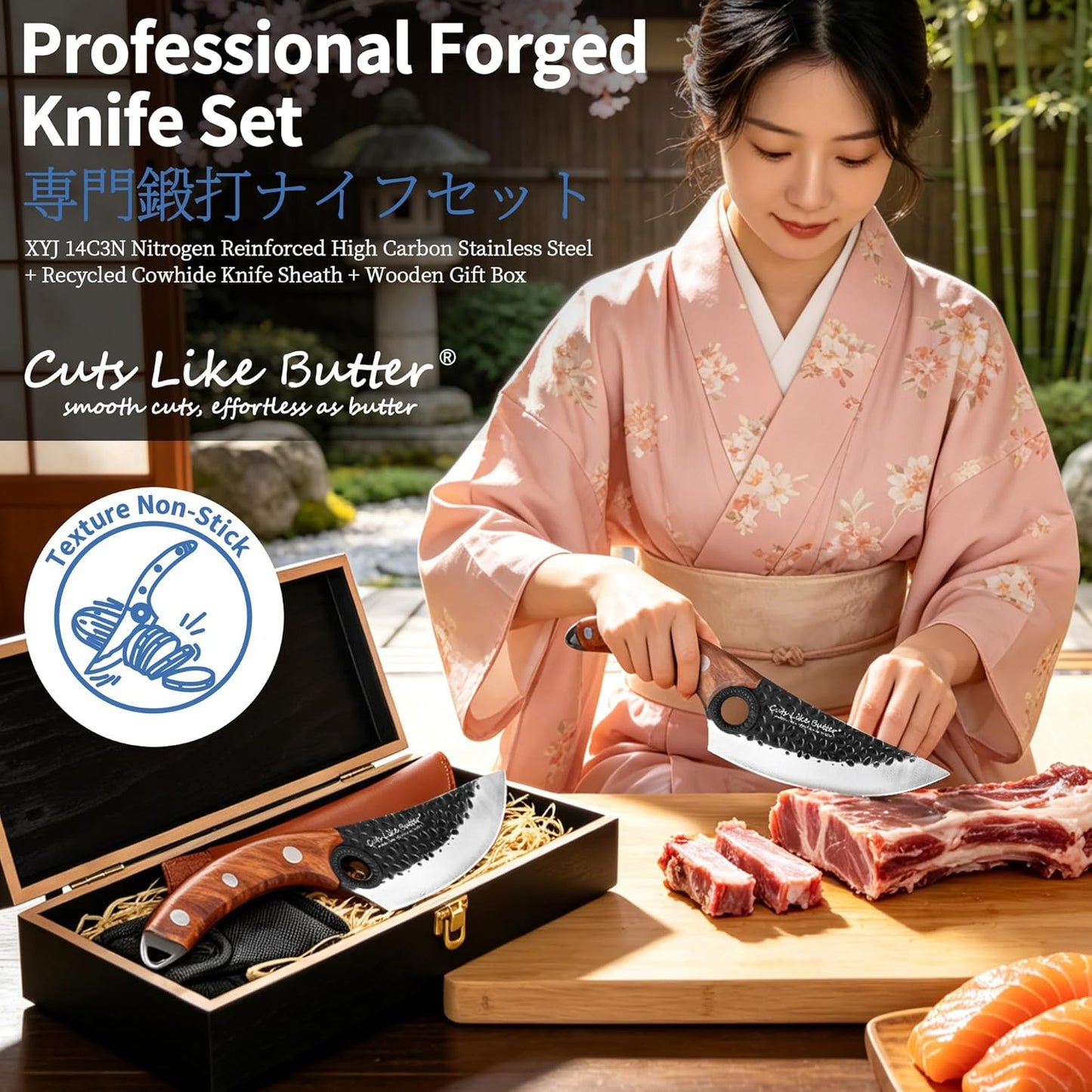 6 Inch Japanese Chef Knife with Leather Sheath, Wooden Gift Box, Full Tang High Carbon Steel Meat Cleaver Butcher Knife for Kitchen Outdoor, Gifts for Women Men Christmas Birthday