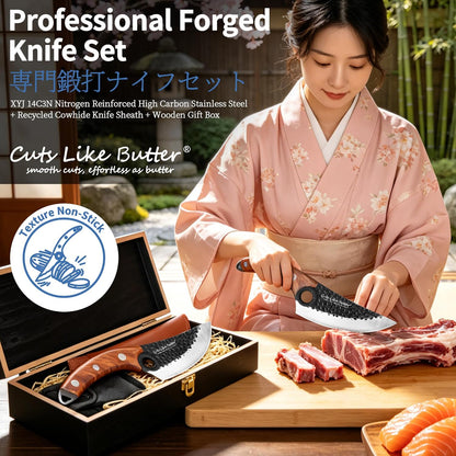 6 Inch Japanese Chef Knife with Leather Sheath, Wooden Gift Box, Full Tang High Carbon Steel Meat Cleaver Butcher Knife for Kitchen Outdoor, Gifts for Women Men Christmas Birthday