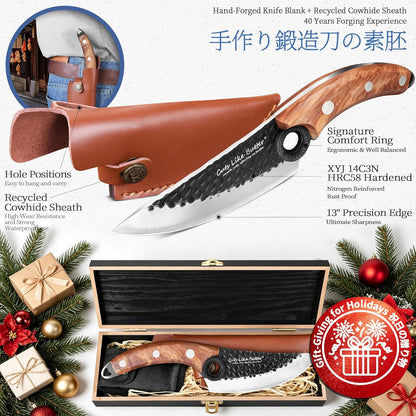 6 Inch Japanese Chef Knife with Leather Sheath, Wooden Gift Box, Full Tang High Carbon Steel Meat Cleaver Butcher Knife for Kitchen Outdoor, Gifts for Women Men Christmas Birthday