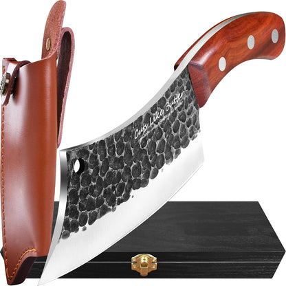 6 Inch Japanese Chef Knife with Leather Sheath, Wooden Gift Box, Full Tang High Carbon Steel Meat Cleaver Butcher Knife for Kitchen Outdoor, Gifts for Women Men Christmas Birthday