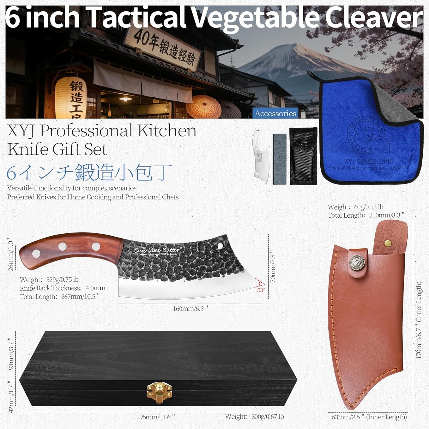 6 Inch Japanese Chef Knife with Leather Sheath, Wooden Gift Box, Full Tang High Carbon Steel Meat Cleaver Butcher Knife for Kitchen Outdoor, Gifts for Women Men Christmas Birthday
