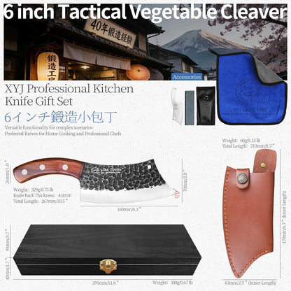 6 Inch Japanese Chef Knife with Leather Sheath, Wooden Gift Box, Full Tang High Carbon Steel Meat Cleaver Butcher Knife for Kitchen Outdoor, Gifts for Women Men Christmas Birthday