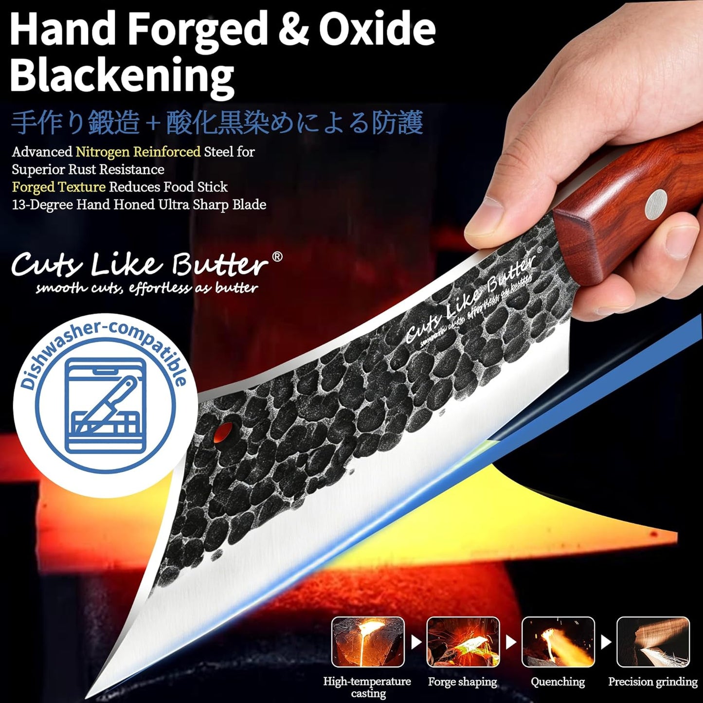 6 Inch Japanese Chef Knife with Leather Sheath, Wooden Gift Box, Full Tang High Carbon Steel Meat Cleaver Butcher Knife for Kitchen Outdoor, Gifts for Women Men Christmas Birthday