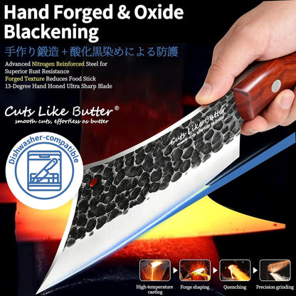 6 Inch Japanese Chef Knife with Leather Sheath, Wooden Gift Box, Full Tang High Carbon Steel Meat Cleaver Butcher Knife for Kitchen Outdoor, Gifts for Women Men Christmas Birthday