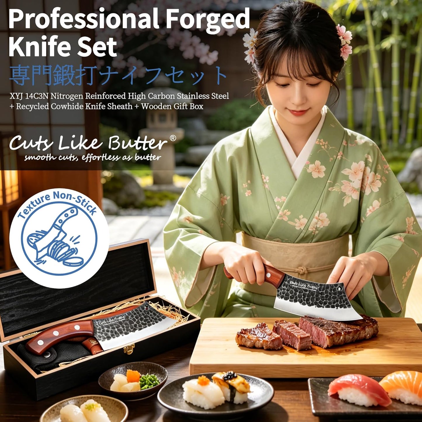 6 Inch Japanese Chef Knife with Leather Sheath, Wooden Gift Box, Full Tang High Carbon Steel Meat Cleaver Butcher Knife for Kitchen Outdoor, Gifts for Women Men Christmas Birthday