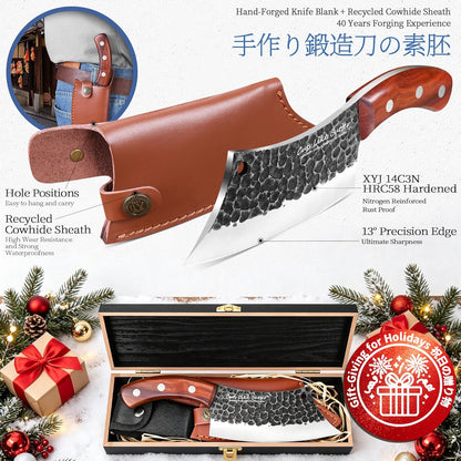 6 Inch Japanese Chef Knife with Leather Sheath, Wooden Gift Box, Full Tang High Carbon Steel Meat Cleaver Butcher Knife for Kitchen Outdoor, Gifts for Women Men Christmas Birthday
