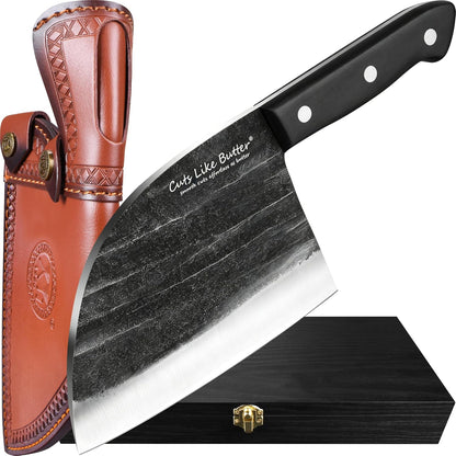 6 Inch Japanese Chef Knife with Leather Sheath, Wooden Gift Box, Full Tang High Carbon Steel Meat Cleaver Butcher Knife for Kitchen Outdoor, Gifts for Women Men Christmas Birthday