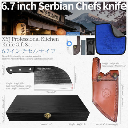 6 Inch Japanese Chef Knife with Leather Sheath, Wooden Gift Box, Full Tang High Carbon Steel Meat Cleaver Butcher Knife for Kitchen Outdoor, Gifts for Women Men Christmas Birthday