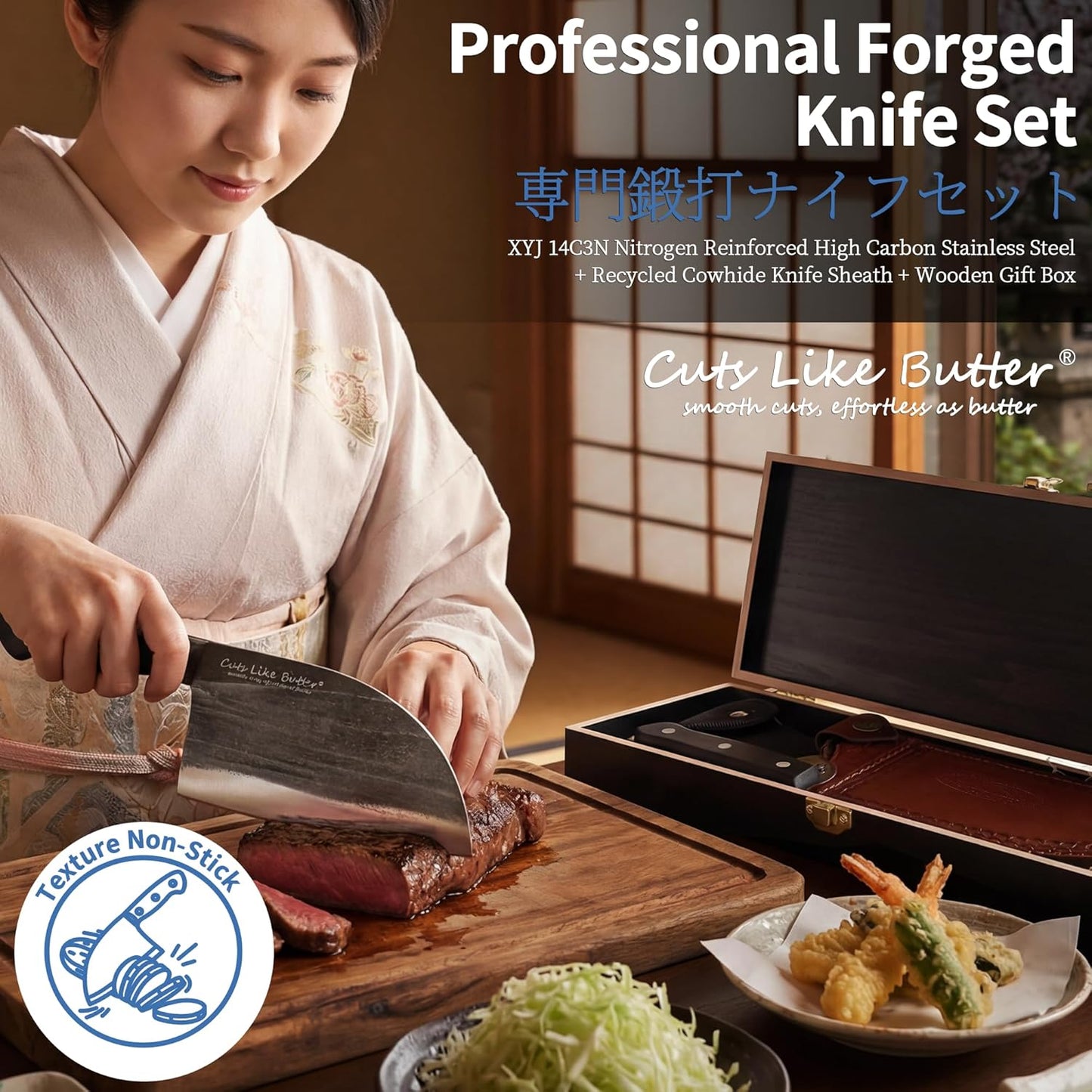 6 Inch Japanese Chef Knife with Leather Sheath, Wooden Gift Box, Full Tang High Carbon Steel Meat Cleaver Butcher Knife for Kitchen Outdoor, Gifts for Women Men Christmas Birthday