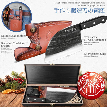 6 Inch Japanese Chef Knife with Leather Sheath, Wooden Gift Box, Full Tang High Carbon Steel Meat Cleaver Butcher Knife for Kitchen Outdoor, Gifts for Women Men Christmas Birthday