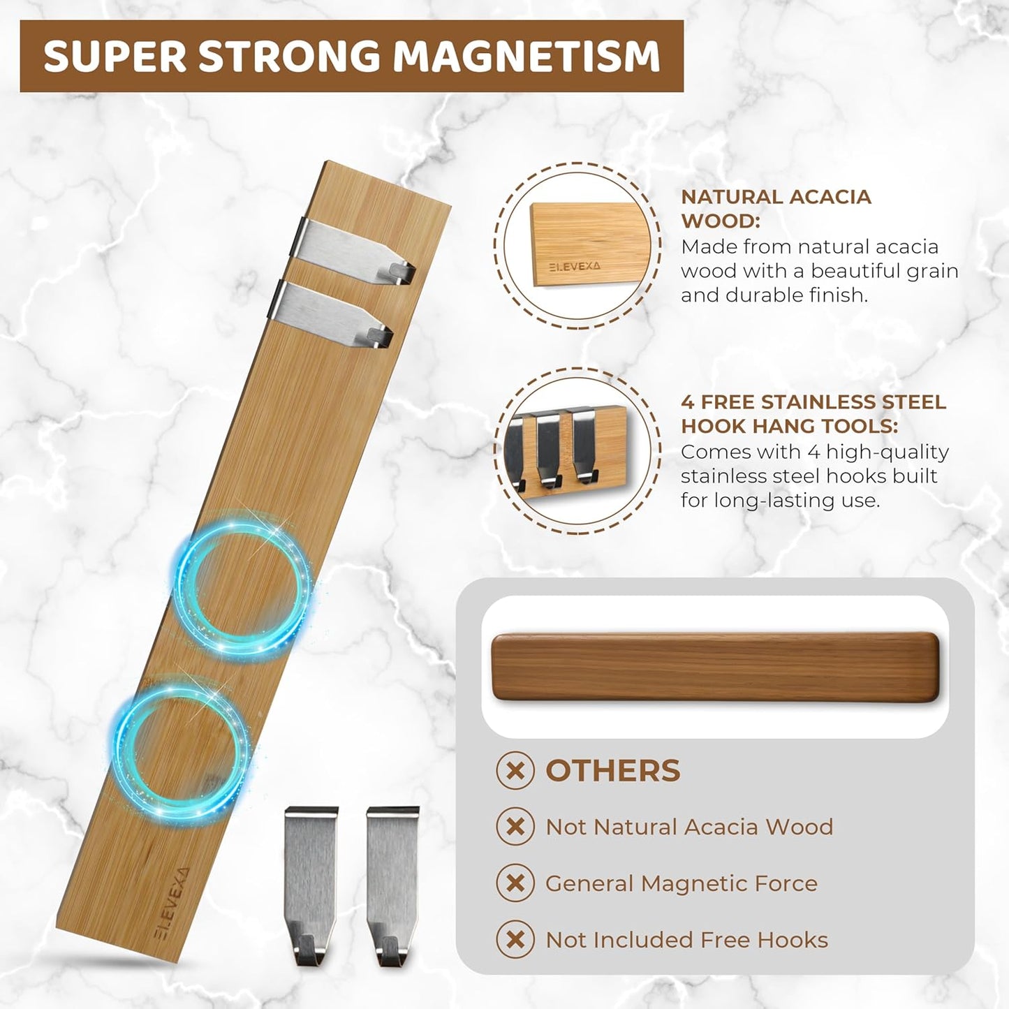 ELEVEXA Magnetic Knife Holder 16 Inch| Organic Acacia Wood Magnetic Knife Strip with Lesser Scratch Visibility|Magnetic Knife Holder w/Strong Magnetism Comes w/Adhesive Tape & Screw Mount (Simple)