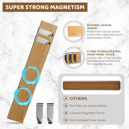 ELEVEXA Magnetic Knife Holder 16 Inch| Organic Acacia Wood Magnetic Knife Strip with Lesser Scratch Visibility|Magnetic Knife Holder w/Strong Magnetism Comes w/Adhesive Tape & Screw Mount (Simple)