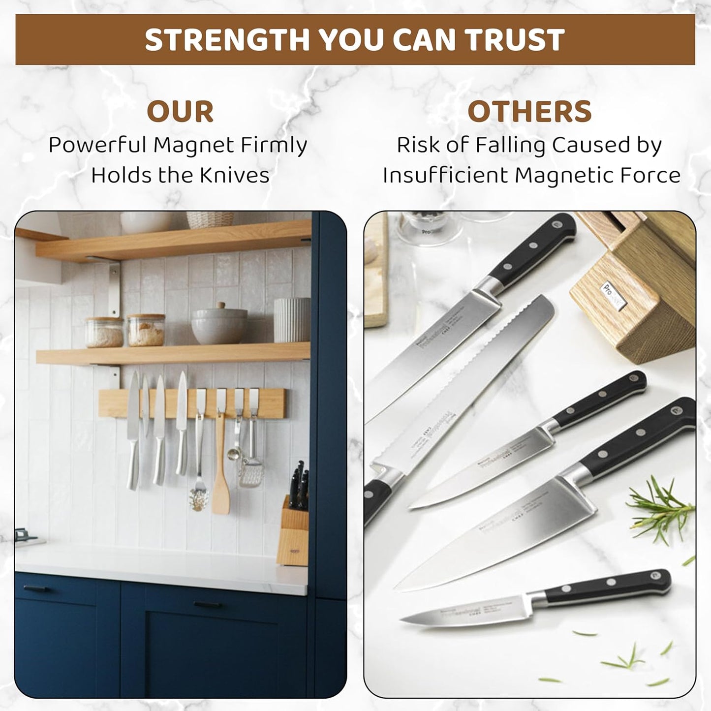 ELEVEXA Magnetic Knife Holder 16 Inch| Organic Acacia Wood Magnetic Knife Strip with Lesser Scratch Visibility|Magnetic Knife Holder w/Strong Magnetism Comes w/Adhesive Tape & Screw Mount (Simple)
