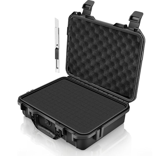 14.3 x 11.4 x 4.5 Inch Waterproof Hard Case with DIY Customizable Foam Insert Portable Protective Storage Case with Knife for Camera Drones Equipments Tools Test Instruments,Black
