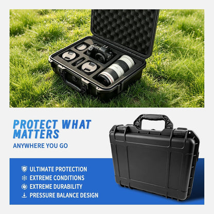 14.3 x 11.4 x 4.5 Inch Waterproof Hard Case with DIY Customizable Foam Insert Portable Protective Storage Case with Knife for Camera Drones Equipments Tools Test Instruments,Black