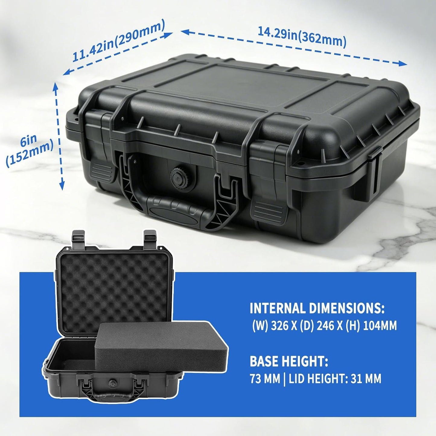 14.3 x 11.4 x 4.5 Inch Waterproof Hard Case with DIY Customizable Foam Insert Portable Protective Storage Case with Knife for Camera Drones Equipments Tools Test Instruments,Black