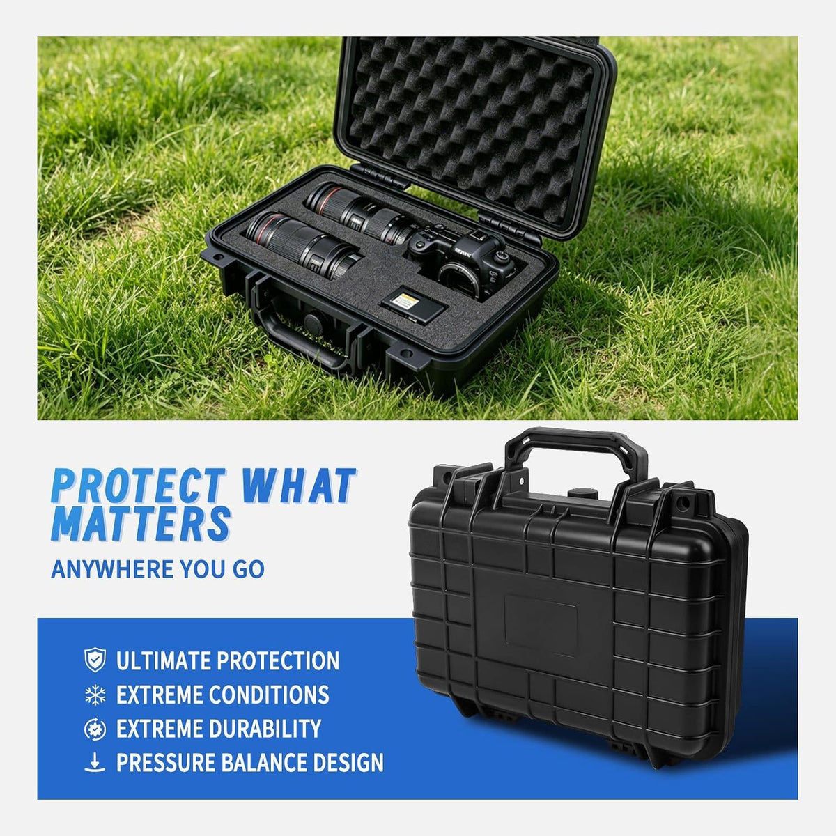 14.3 x 11.4 x 4.5 Inch Waterproof Hard Case with DIY Customizable Foam Insert Portable Protective Storage Case with Knife for Camera Drones Equipments Tools Test Instruments,Black