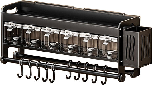 Hanging Wall Mount knife Wall Mount,Condiment Cup, Space-Saving Knife Rack with Hooks, Kitchen Organizer Storage Shelf for Utensils Spatula Spoon, Kitchen Utensil Hanger (Black, 48cm+6Cups+10Hooks)