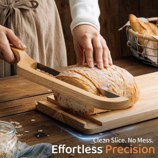 Sourdough Bread Slicer Set – Rubber Wood Cutting Board with Bread Groove, Curved Handle Knife, Magnetic Storage, Adjustable Thickness for Artisan Homemade Loaves