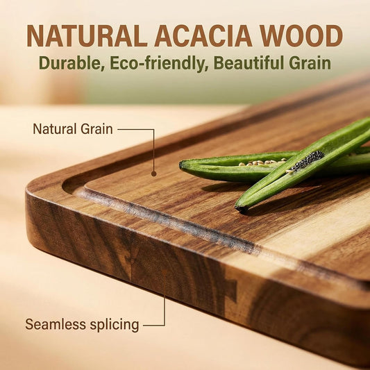 Small Acacia Wood Cutting Board with Juice Groove (10" x 7"), Wooden Cutting Board for Kitchen, Charcuterie Board, Non Toxic Cutting Board for Meat, Cheese, Fruits, and Vegetables