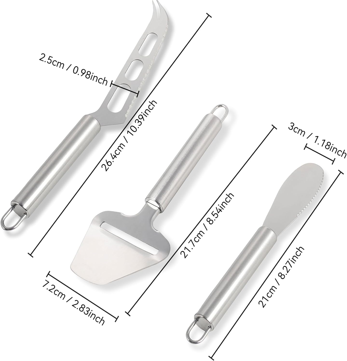 Cheese Knife Set 3 Piece Stainless Steel – Cheese Slicer, Spreader & Cutter Knives for Soft & Hard Cheese, Ergonomic Handle, Dishwasher Safe Cheese Serving Tools for Kitchen