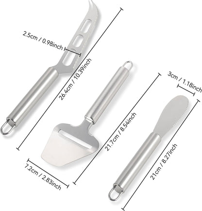 Cheese Knife Set 3 Piece Stainless Steel – Cheese Slicer, Spreader & Cutter Knives for Soft & Hard Cheese, Ergonomic Handle, Dishwasher Safe Cheese Serving Tools for Kitchen