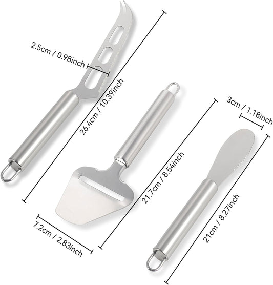 Cheese Knife Set 3 Piece Stainless Steel – Cheese Slicer, Spreader & Cutter Knives for Soft & Hard Cheese, Ergonomic Handle, Dishwasher Safe Cheese Serving Tools for Kitchen