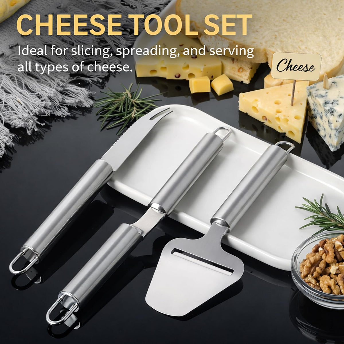 Cheese Knife Set 3 Piece Stainless Steel – Cheese Slicer, Spreader & Cutter Knives for Soft & Hard Cheese, Ergonomic Handle, Dishwasher Safe Cheese Serving Tools for Kitchen
