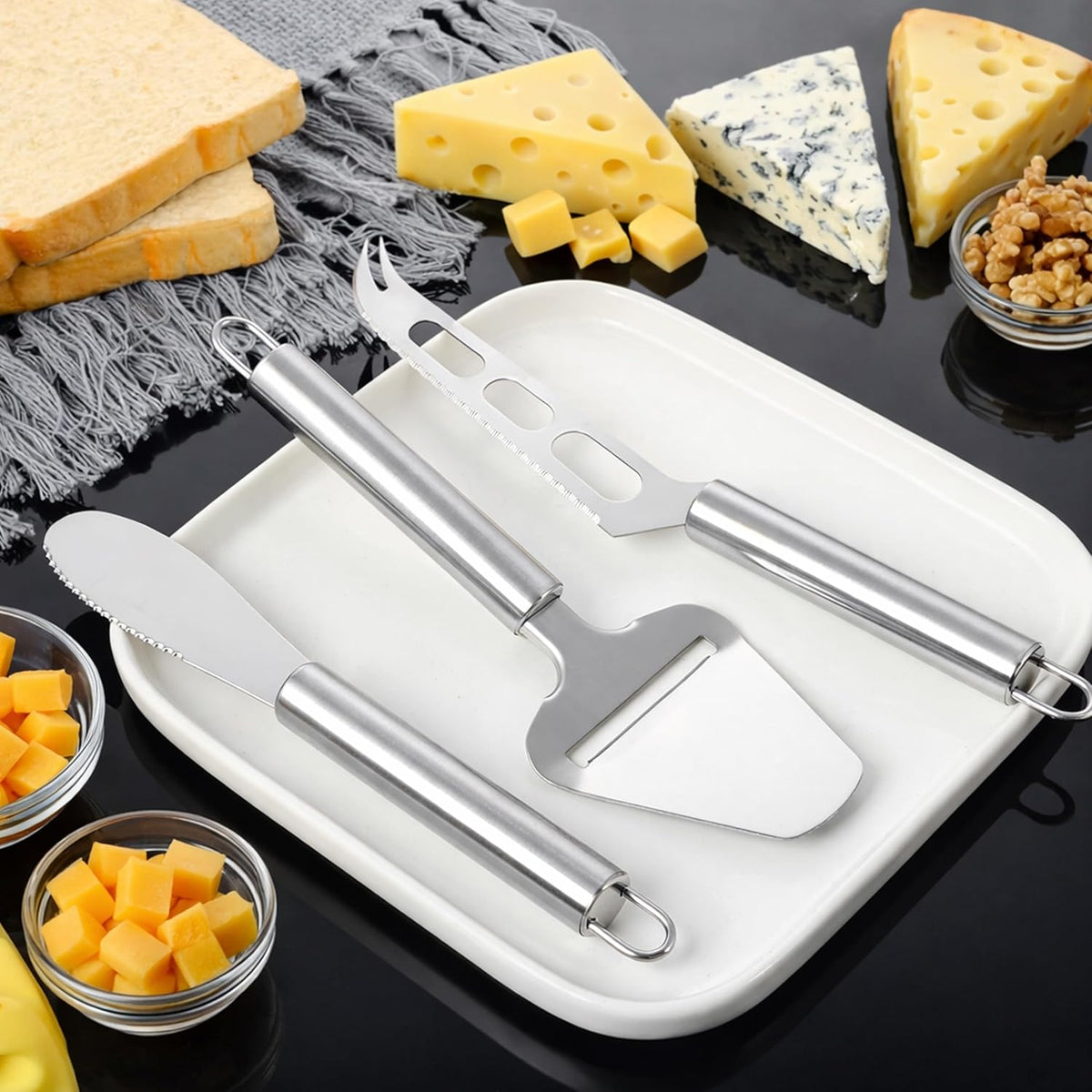 Cheese Knife Set 3 Piece Stainless Steel – Cheese Slicer, Spreader & Cutter Knives for Soft & Hard Cheese, Ergonomic Handle, Dishwasher Safe Cheese Serving Tools for Kitchen