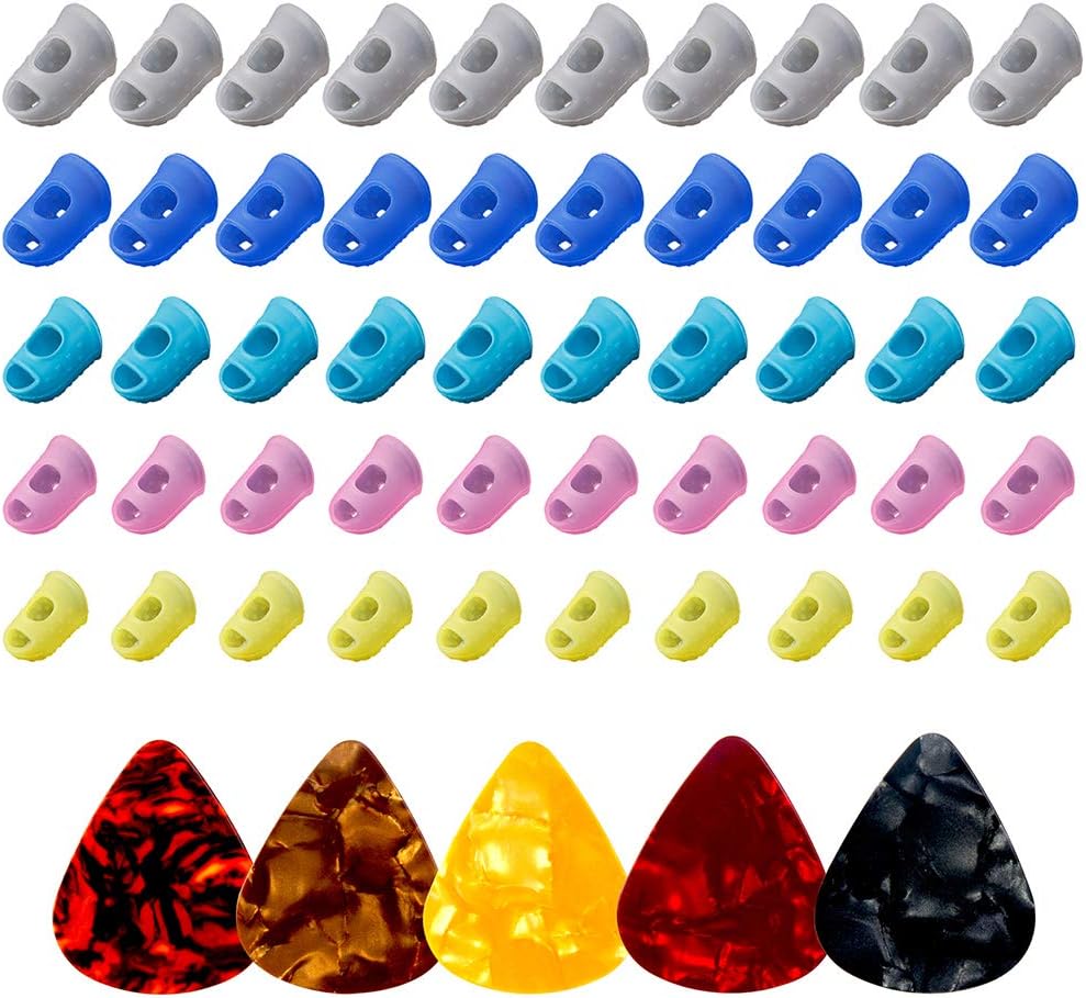 50pcs Silicone Guitar Finger Guards 5 Sizes Fingertip Protectors | Finger Covers Caps, With picks, For Acoustic Stringed Instruments Players, Sew Embroidery Use, Anti Slip Pain Relief