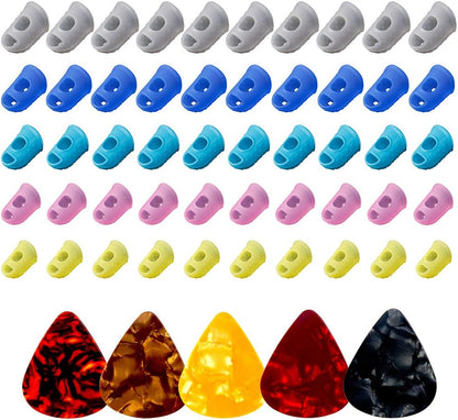 50pcs Silicone Guitar Finger Guards 5 Sizes Fingertip Protectors | Finger Covers Caps, With picks, For Acoustic Stringed Instruments Players, Sew Embroidery Use, Anti Slip Pain Relief