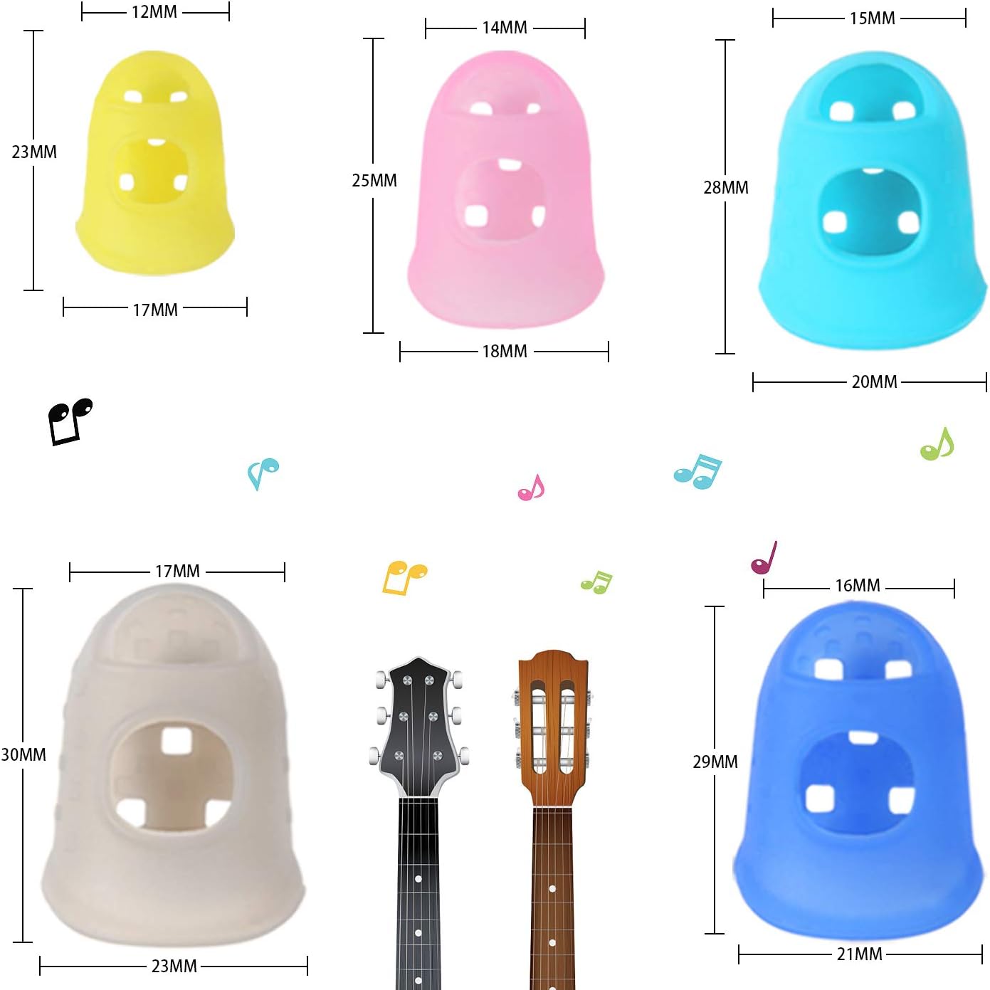 50pcs Silicone Guitar Finger Guards 5 Sizes Fingertip Protectors | Finger Covers Caps, With picks, For Acoustic Stringed Instruments Players, Sew Embroidery Use, Anti Slip Pain Relief
