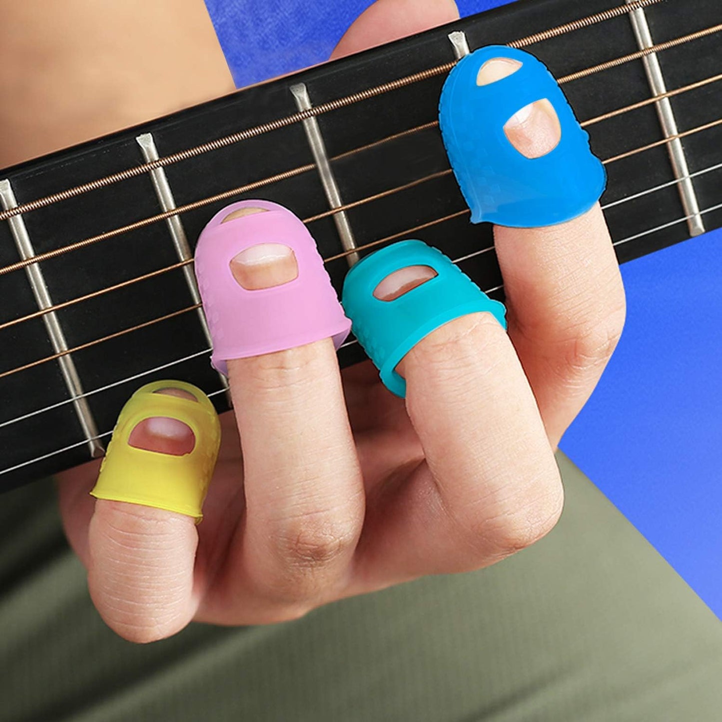 50pcs Silicone Guitar Finger Guards 5 Sizes Fingertip Protectors | Finger Covers Caps, With picks, For Acoustic Stringed Instruments Players, Sew Embroidery Use, Anti Slip Pain Relief