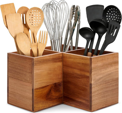 Extra Large Corner Utensil Holder with 3 Compartments, Acacia Wood Kitchen Utensil Organizer for Countertop, Cooking Tool Caddy for Spatulas, Spoons, Ladles and Tongs