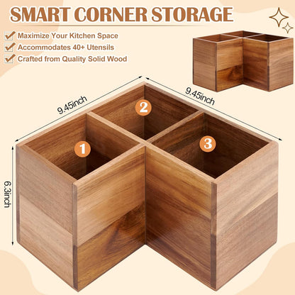 Extra Large Corner Utensil Holder with 3 Compartments, Acacia Wood Kitchen Utensil Organizer for Countertop, Cooking Tool Caddy for Spatulas, Spoons, Ladles and Tongs