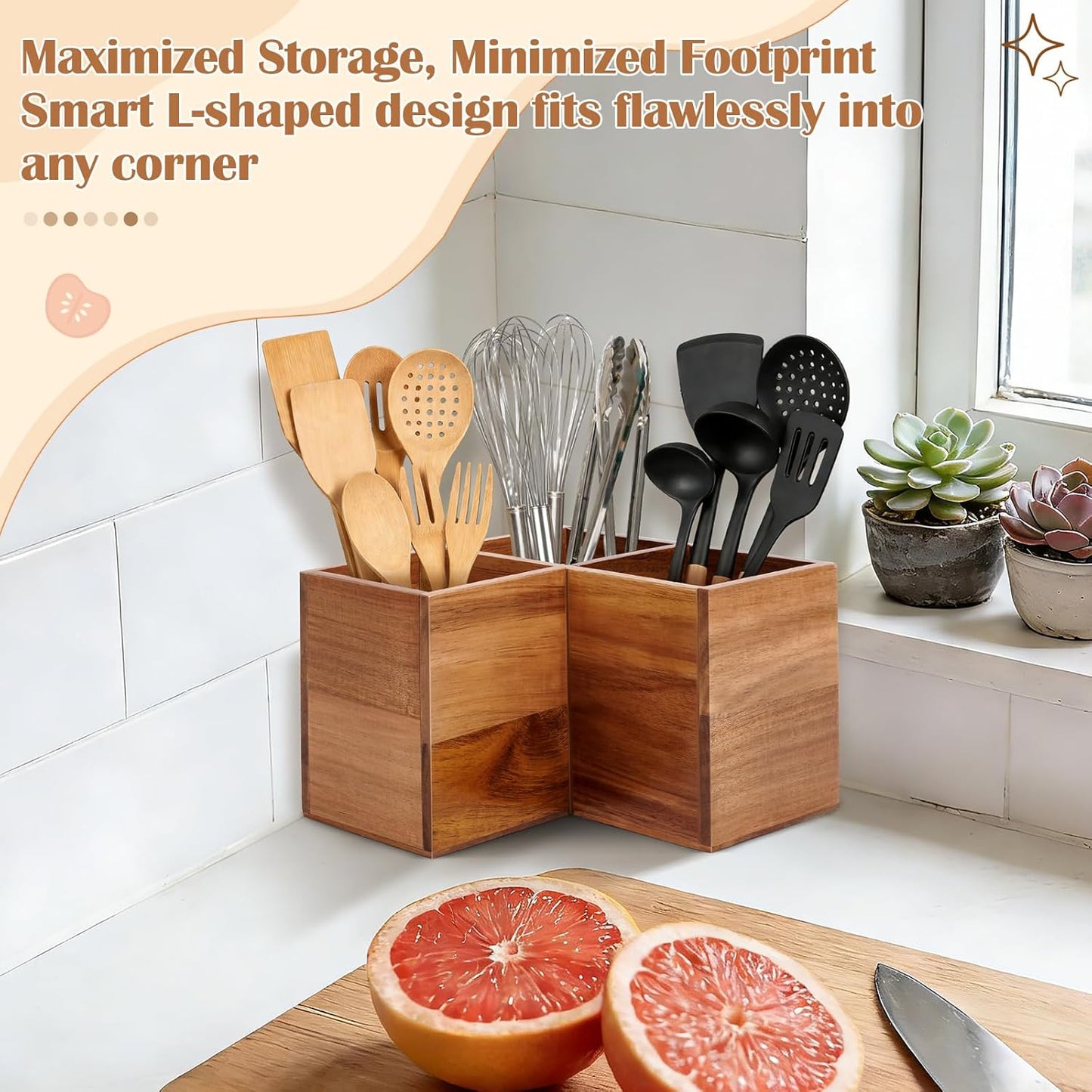 Extra Large Corner Utensil Holder with 3 Compartments, Acacia Wood Kitchen Utensil Organizer for Countertop, Cooking Tool Caddy for Spatulas, Spoons, Ladles and Tongs