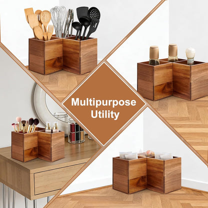Extra Large Corner Utensil Holder with 3 Compartments, Acacia Wood Kitchen Utensil Organizer for Countertop, Cooking Tool Caddy for Spatulas, Spoons, Ladles and Tongs