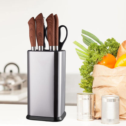 Universal Knife Block Without Knives,Modern Knife Holder for Kitchen Counter,Stainless Steel Knife Organizer with Scissors Slot & Sharpening Rod,Space Saver Rectangular Blocks & Storage - (Silver)