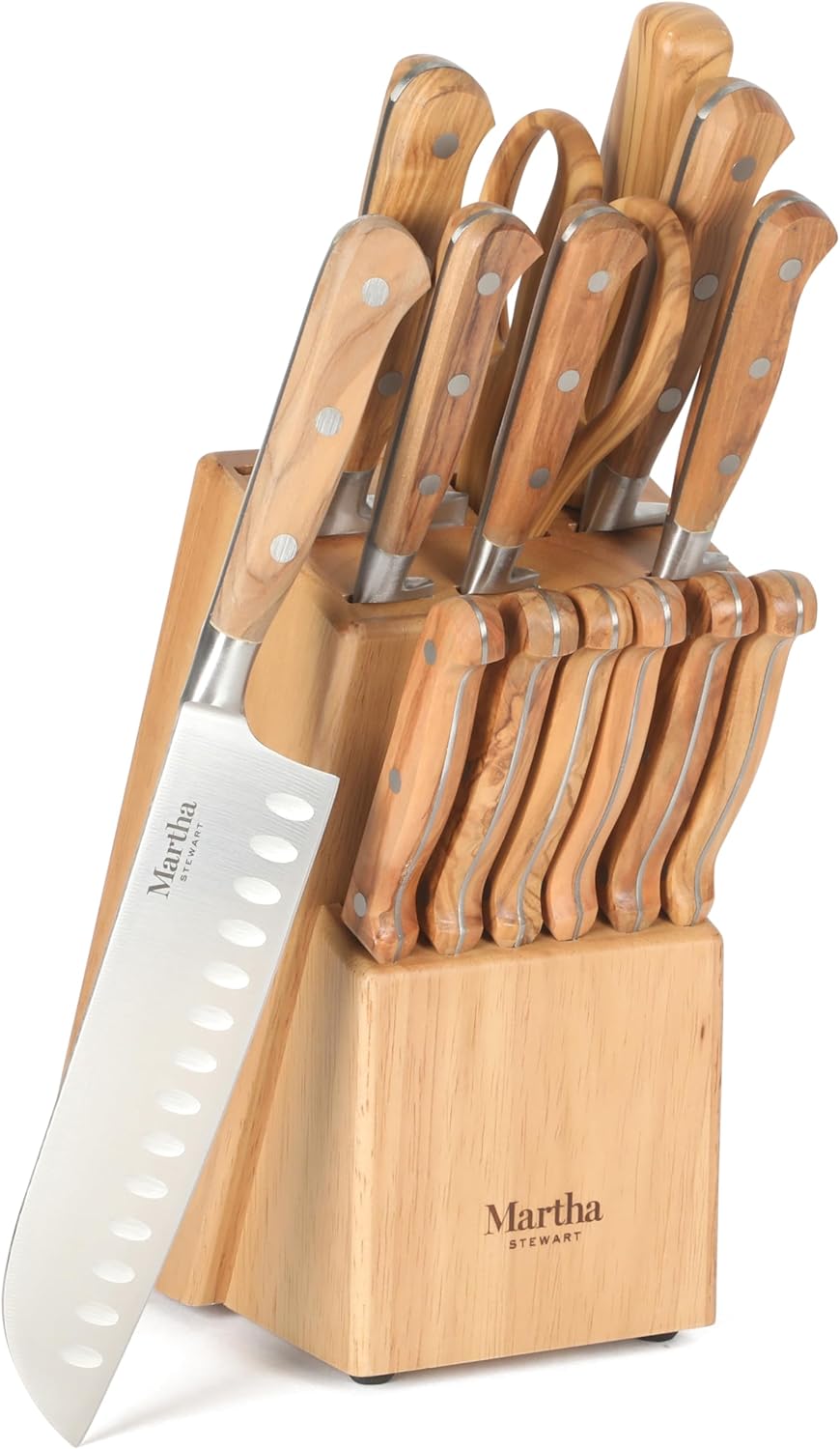 Austenwood 15-Piece Knife Block Set, German Stainless Steel Kitchen Knives with Forged Italian Olive Wood Handle