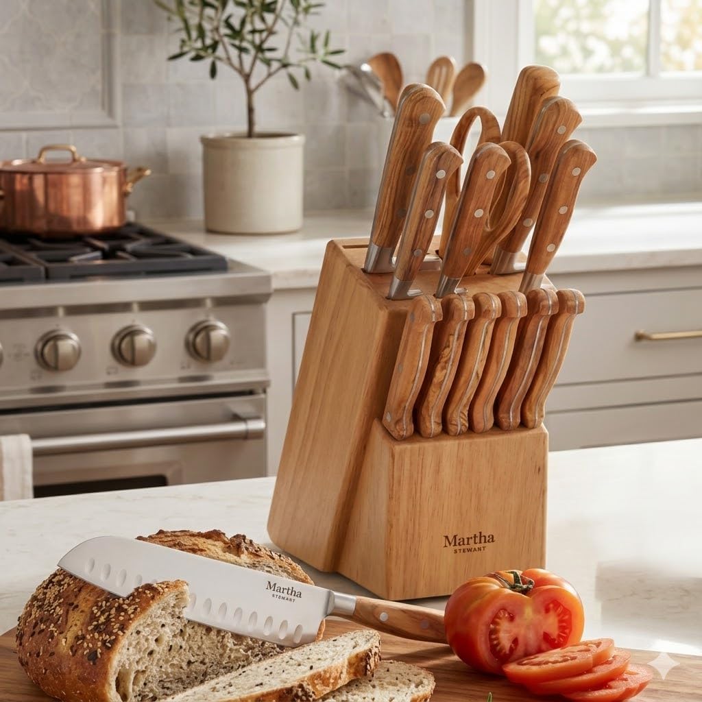 Austenwood 15-Piece Knife Block Set, German Stainless Steel Kitchen Knives with Forged Italian Olive Wood Handle
