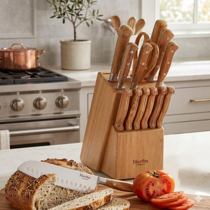 Austenwood 15-Piece Knife Block Set, German Stainless Steel Kitchen Knives with Forged Italian Olive Wood Handle