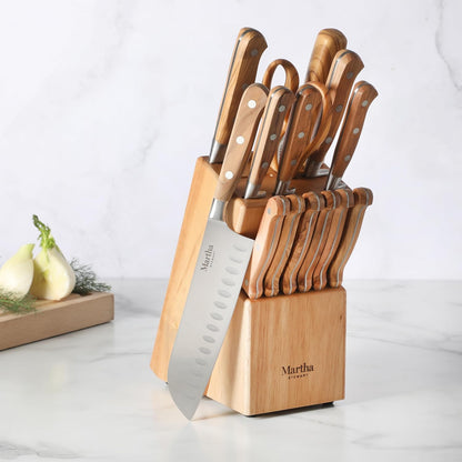 Austenwood 15-Piece Knife Block Set, German Stainless Steel Kitchen Knives with Forged Italian Olive Wood Handle