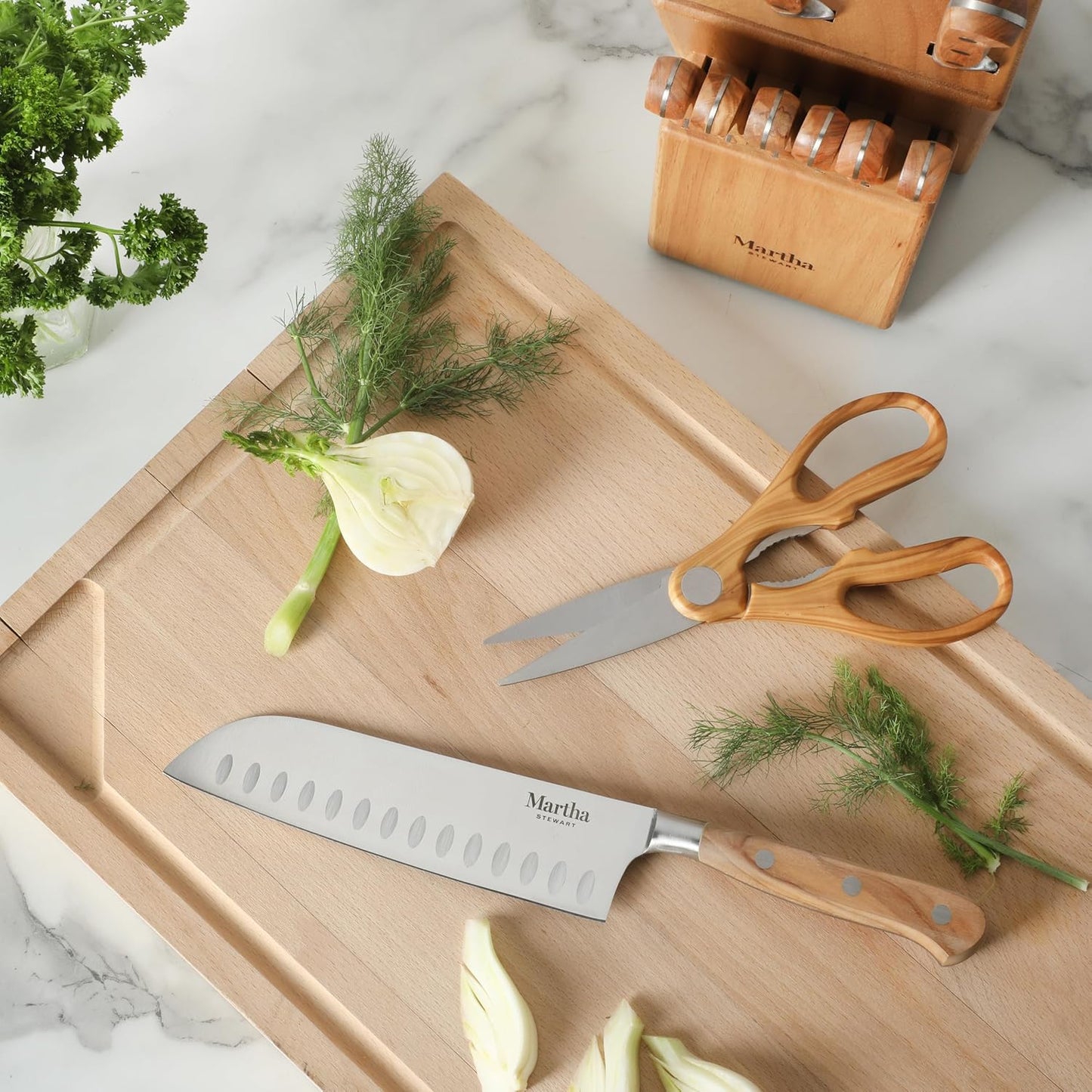 Austenwood 15-Piece Knife Block Set, German Stainless Steel Kitchen Knives with Forged Italian Olive Wood Handle