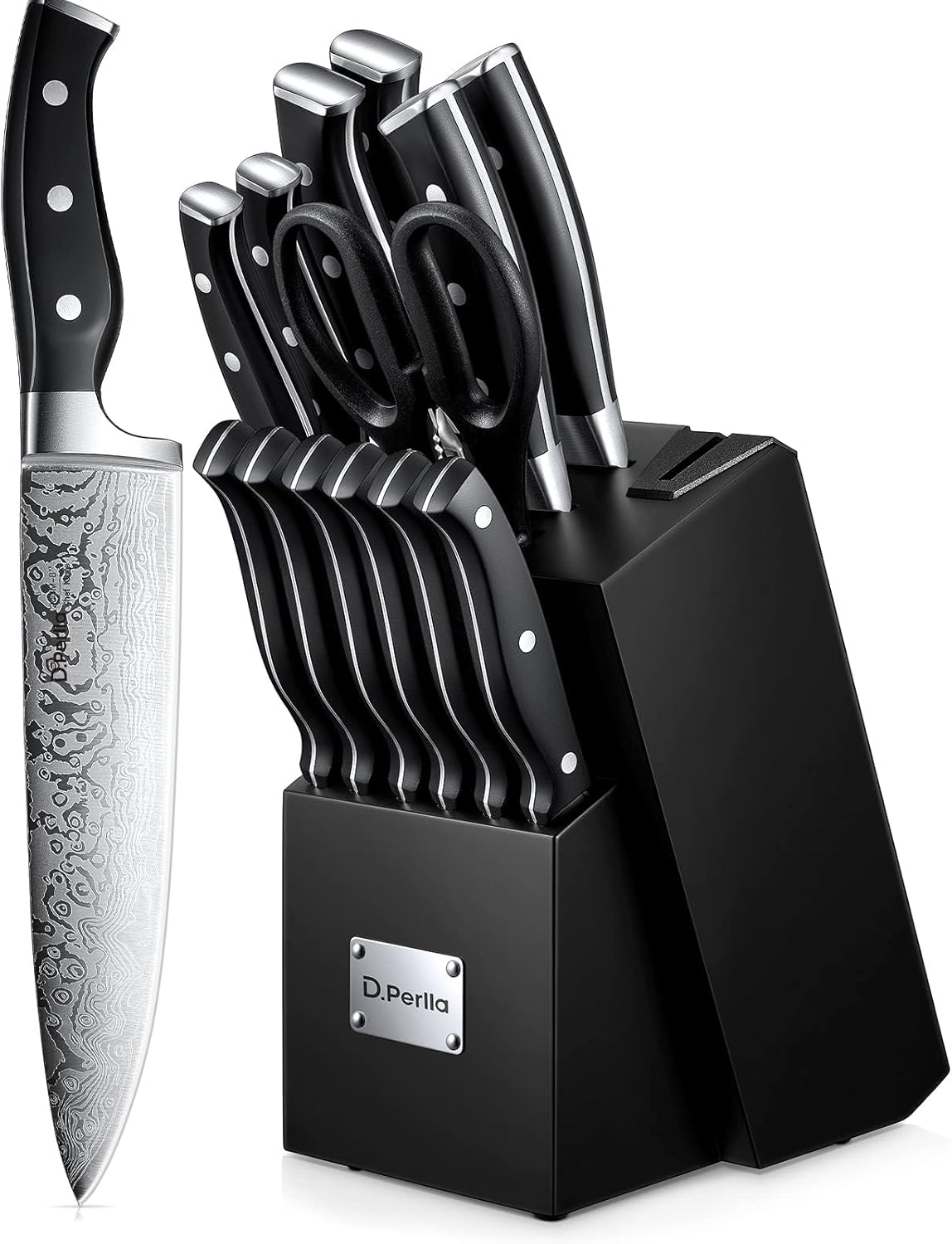 Knife Set, 15 Pieces Kitchen Knife Set with Built-in Sharpener, High Carbon Stainless Steel Knife Block Set with Unique Waved Pattern, Triple Riveted Ergonomic Handle, Black