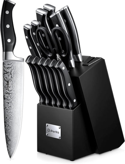 Knife Set, 15 Pieces Kitchen Knife Set with Built-in Sharpener, High Carbon Stainless Steel Knife Block Set with Unique Waved Pattern, Triple Riveted Ergonomic Handle, Black
