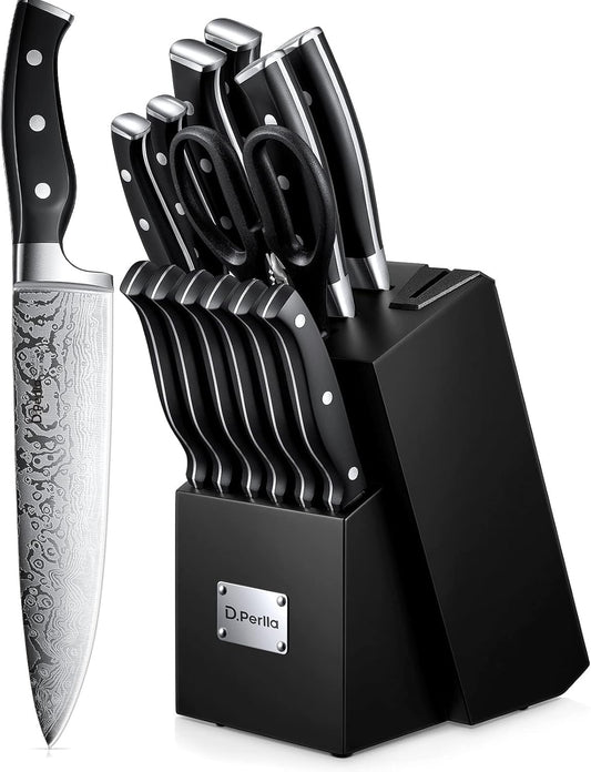Knife Set, 15 Pieces Kitchen Knife Set with Built-in Sharpener, High Carbon Stainless Steel Knife Block Set with Unique Waved Pattern, Triple Riveted Ergonomic Handle, Black